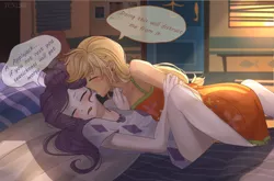 Size: 2183x1441 | Tagged: suggestive, artist:tcn1205, derpibooru import, applejack, rarity, equestria girls, equestria girls series, spring breakdown, spoiler:eqg series (season 2), bed, blushing, clothes, dialogue, eyes closed, female, fixed, grammar error, implied fingering, lesbian, pony coloring, rarijack, sea sickness, sexy, shipping, sleeveless, softcore