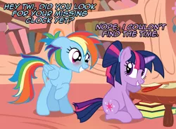 Size: 1087x800 | Tagged: safe, artist:nightmaremoons, derpibooru import, rainbow dash, twilight sparkle, pony, ask pun, alternate hairstyle, ask, blushing, book, female, golden oaks library, lesbian, pun, quill, shipping, twidash