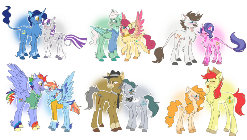 Size: 1024x581 | Tagged: safe, artist:lolwise, derpibooru import, bow hothoof, bright mac, cloudy quartz, cookie crumbles, gentle breeze, hondo flanks, igneous rock pie, night light, pear butter, posey shy, twilight velvet, windy whistles, bat pony, classical unicorn, earth pony, pegasus, pony, unicorn, blushing, brightbutter, chest fluff, clothes, cloven hooves, coat markings, colored hooves, colored wings, cookieflanks, dock, eyes closed, fangs, female, frown, gradient wings, headcanon, headcanon in the description, husband and wife, leg fluff, leonine tail, male, mare, multicolored wings, nightvelvet, one eye closed, quartzrock, shipping, shys, simple background, smiling, stallion, straight, tongue out, transparent background, unshorn fetlocks, windyhoof, wings, wink