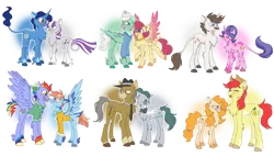 Size: 1024x581 | Tagged: safe, artist:lolwise, derpibooru import, bow hothoof, bright mac, cloudy quartz, cookie crumbles, gentle breeze, hondo flanks, igneous rock pie, night light, pear butter, posey shy, twilight velvet, windy whistles, bat pony, classical unicorn, earth pony, pegasus, pony, unicorn, blushing, brightbutter, chest fluff, clothes, cloven hooves, coat markings, colored hooves, colored wings, cookieflanks, dock, eyes closed, fangs, female, frown, gradient wings, headcanon, headcanon in the description, husband and wife, leg fluff, leonine tail, male, mare, multicolored wings, nightvelvet, one eye closed, quartzrock, shipping, shys, simple background, smiling, stallion, straight, tongue out, transparent background, unshorn fetlocks, windyhoof, wings, wink