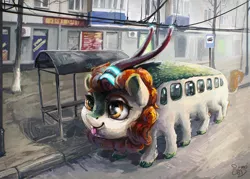 Size: 1500x1075 | Tagged: safe, artist:nemo2d, derpibooru import, autumn blaze, kirin, sounds of silence, :p, anime, bus, catbus, city, cloven hooves, crossover, my neighbor totoro, not salmon, silly, smiling, solo, split hooves, studio ghibli, tongue out, trolleybus, wat