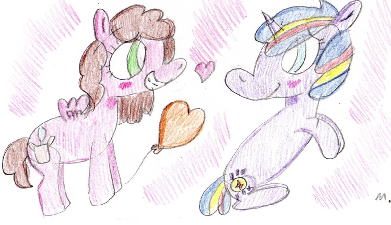 Size: 2323x1338 | Tagged: safe, artist:ptitemouette, derpibooru import, oc, oc:sunshine sparkle, oc:surprise, pony, magical lesbian spawn, oc x oc, offspring, parent:cheese sandwich, parent:pinkie pie, parent:sunset shimmer, parent:twilight sparkle, parents:cheesepie, parents:sunsetsparkle, shipping