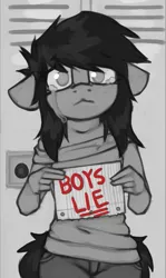 Size: 657x1104 | Tagged: :<, anthro, artist:marsminer, crying, derpibooru import, double standard, existential crisis, floppy ears, grayscale, meme, monochrome, oc, oc:venus spring, partial color, safe, sbeve, sexism, sign, solo, unofficial characters only