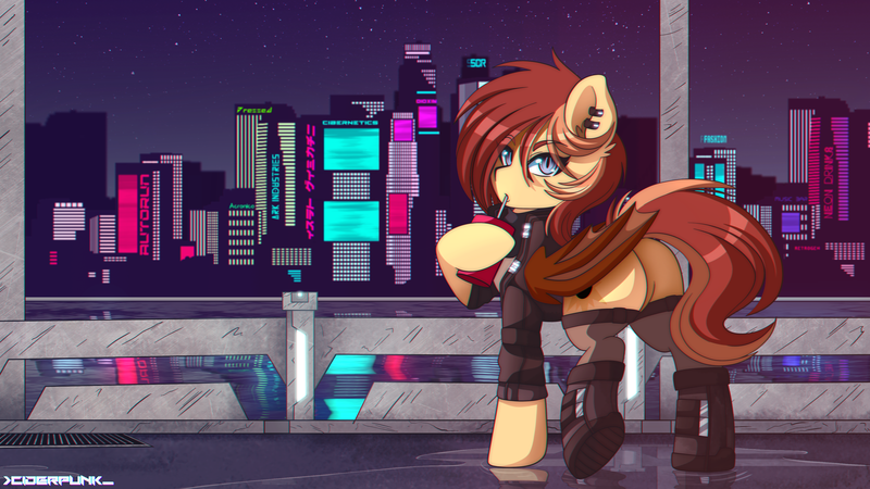 Size: 3840x2160 | Tagged: safe, artist:ciderpunk, derpibooru import, oc, oc:silver veil, unofficial characters only, bat pony, pony, bat pony oc, bat wings, butt, city, cityscape, clothes, cyberpunk, female, mare, night, plot, solo, wings