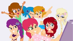 Size: 1280x732 | Tagged: safe, artist:doraair, artist:mapleb, derpibooru import, oc, oc:cherry cheesecake, oc:coconut cream muffin, human, equestria girls, equestria girls series, i'm on a yacht, spoiler:eqg series (season 2), angel cake (strawberry shortcake), apple dumplin, barely eqg related, base used, blueberry muffin (strawberry shortcake), clothes, crossover, equestria girls style, equestria girls-ified, pajamas, phone, plum pudding, selfie, slumber party, strawberry shortcake, strawberry shortcake (character)