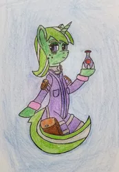 Size: 1381x2000 | Tagged: safe, artist:dice-warwick, derpibooru import, oc, oc:lime dream, unofficial characters only, pony, fallout equestria, clothes, collar, jumpsuit, solo, sparkle cola, traditional art