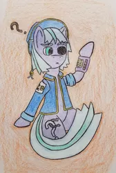 Size: 744x1105 | Tagged: safe, artist:dice-warwick, derpibooru import, oc, oc:slowtrot, unofficial characters only, pony, fallout equestria, fallout equestria: dance of the orthrus, fanfic, clothes, cutie mark, dark eyes, fallout equestria: stable-tec r&d, fanfic art, female, hat, hooves, mare, pipbuck, solo, traditional art, vault suit