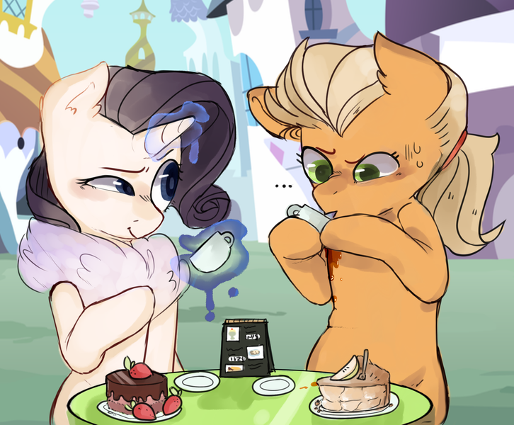 Size: 1693x1399 | Tagged: safe, artist:rrosey89, derpibooru import, applejack, rarity, earth pony, pony, unicorn, ..., apple, apple pie, cake, canterlot, clothes, clumsy, cute, earth pony problems, female, food, horse problems, jackabetes, lesbian, palindrome get, pie, raribetes, rarijack, scarf, shipping, silly, silly pony, strawberry, tea, who's a silly pony