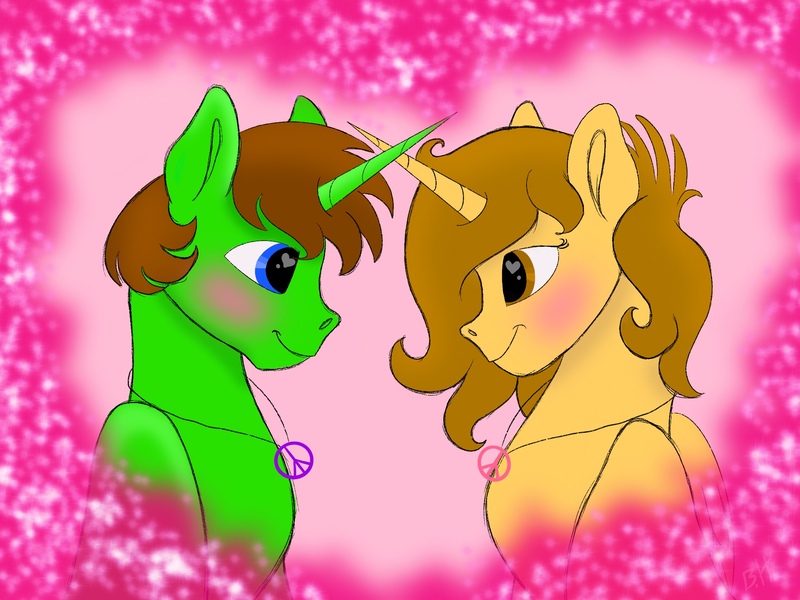 Size: 2048x1536 | Tagged: safe, artist:bellbell123, derpibooru import, oc, oc:aspen, oc:ryan, alicorn, pony, alicorn oc, couple, female, hippie, horn, jewelry, male, necklace, peace symbol, ryspen, straight, wings