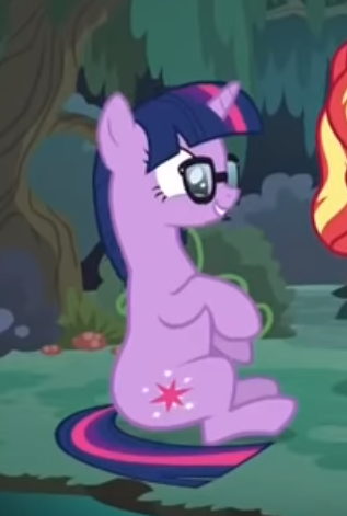 Size: 317x471 | Tagged: safe, derpibooru import, screencap, sci-twi, sunset shimmer, twilight sparkle, ponified, pony, unicorn, equestria girls, equestria girls series, spring breakdown, spoiler:eqg series (season 2), cropped, cute, equestria girls ponified, glasses, offscreen character, sitting, smiling, solo focus, twiabetes, unicorn sci-twi