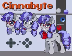 Size: 486x376 | Tagged: safe, artist:latecustomer, derpibooru import, oc, oc:cinnabyte, unofficial characters only, earth pony, pony, angry, blushing, bow, controller, cutie mark, earth pony oc, embarrassed, female, glasses, hair bow, mare, neckerchief, pigtails, reference sheet, smiling, solo, standing