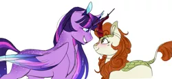 Size: 817x375 | Tagged: safe, artist:nerdt0pia, derpibooru import, autumn blaze, twilight sparkle, twilight sparkle (alicorn), alicorn, kirin, pony, alternate design, autumnsparkle, blue eyes, colored wings, colored wingtips, crack shipping, female, lesbian, shipping, ultimate twilight, wings, wrong eye color