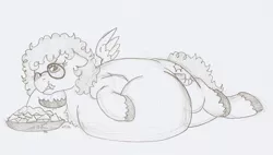 Size: 1105x628 | Tagged: suggestive, artist:ravenpuff, deleted from derpibooru, derpibooru import, oc, oc:skye gazer, unofficial characters only, pegasus, pony, :t, belly, big belly, chips, colored hooves, draw me like one of your french girls, eating, fat, female, food, glasses, lineart, mare, messy eating, monochrome, nachos, pencil drawing, simple background, sketch, solo, spread wings, squishy, traditional art, unshorn fetlocks, wings