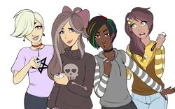 Size: 4753x2960 | Tagged: safe, artist:emberfan11, artist:icey-wicey-1517, color edit, derpibooru import, edit, oc, oc:goth mocha, oc:marigold bloom, oc:night rainbow, oc:sketchy fang, unofficial characters only, bee, human, insect, vampire, bone, bow, choker, clothes, collaboration, colored, controller, cross, dark skin, ear piercing, earring, eyebrow piercing, fangs, female, freckles, hair bow, hairpin, heart, hoodie, humanized, humanized oc, jeans, jewelry, joycon, lipstick, multicolored hair, nail polish, nintendo switch, open mouth, pants, pentagram, piercing, rainbow hair, shirt, simple background, skirt, skull, sweater, t-shirt, transparent background