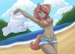 Size: 2427x1757 | Tagged: suggestive, artist:ambris, derpibooru import, oc, oc:atari, unofficial characters only, anthro, earth pony, absolute cleavage, adorasexy, arm behind head, armpits, arms in the air, beach, belly button, big breasts, bikini, booty shorts, breasts, busty oc, cleavage, clothes, commission, cute, daisy dukes, eyelashes, eyes closed, eyeshadow, female, makeup, mare, micro bikini, midriff, ocbetes, ocean, open fly, open mouth, palm tree, sexy, shirt, shorts, smiling, solo, solo female, sparkles, swimsuit, thighs, thong swimsuit, tree, t-shirt, underboob, undressing, water, ych result