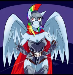 Size: 2098x2130 | Tagged: anthro, armor, artist:traupa, breasts, busty rainbow dash, derpibooru import, female, mare, pegasus, rainbow dash, redraw, solo, solo female, suggestive, unconvincing armor