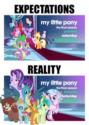 Size: 528x744 | Tagged: safe, derpibooru import, applejack, fluttershy, gallus, ocellus, pinkie pie, rainbow dash, rarity, sandbar, silverstream, smolder, spike, starlight glimmer, twilight sparkle, twilight sparkle (alicorn), yona, alicorn, changedling, changeling, dragon, earth pony, gryphon, hippogriff, pegasus, pony, unicorn, yak, season 9, spoiler:s09, applejack's hat, backfired shitpost, boop, canterlot throne room, cowboy hat, dragoness, drama, fake, female, hat, male, mane seven, mane six, op is wrong, photoshop, self-boop, smiling, spread wings, starlight drama, student six, student six drama, the comments section is going to get ugly, winged spike, wings