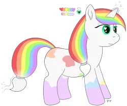 Size: 2400x2000 | Tagged: safe, artist:poniidesu, derpibooru import, oc, oc:paint drops, unofficial characters only, pony, unicorn, blank flank, female, filly, green eyes, horn, magic, mane, mare, multicolored hair, rainbow, rainbow hair, rainbow tail, reference sheet, side view, simple background, solo, tail, transparent background, white coat