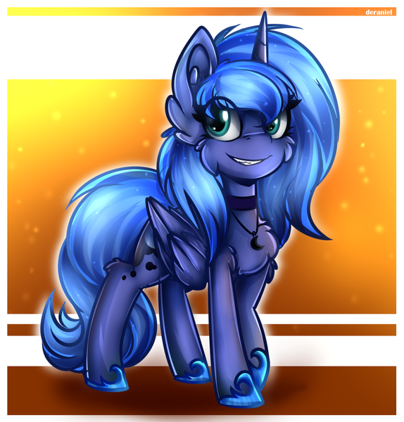 Size: 997x1043 | Tagged: safe, artist:deraniel, derpibooru import, princess luna, alicorn, pony, cheek fluff, chest fluff, cute, ear fluff, eye clipping through hair, hoof shoes, jewelry, leg fluff, lunabetes, necklace, s1 luna, solo