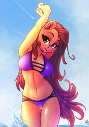 Size: 910x1300 | Tagged: suggestive, alternate version, artist:atryl, artist:siden, derpibooru import, oc, oc:pumpkin lily, unofficial characters only, anthro, earth pony, anthro oc, arm behind head, armpits, belly button, bikini, breasts, clothes, collaboration, commission, female, looking at you, mare, solo, solo female, stretching, swimsuit, ych result