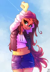Size: 910x1300 | Tagged: safe, alternate version, artist:atryl, artist:siden, derpibooru import, oc, oc:pumpkin lily, unofficial characters only, anthro, earth pony, anthro oc, arm behind head, beanie, belly button, clothes, collaboration, commission, cute, denim skirt, female, hat, looking at you, mare, midriff, miniskirt, ocbetes, shirt, short shirt, skirt, solo, stretching, ych result