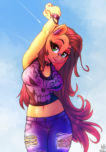 Size: 910x1300 | Tagged: safe, alternate version, artist:atryl, artist:siden, derpibooru import, oc, oc:pumpkin lily, unofficial characters only, anthro, earth pony, anthro oc, arm behind head, armpits, breasts, clothes, collaboration, commission, female, looking at you, mare, shirt, solo, stretching, ych result