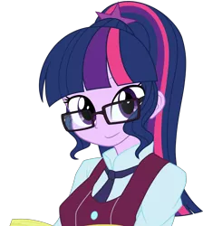 Size: 7000x7800 | Tagged: dead source, safe, artist:caibaoreturn, artist:pink1ejack, color edit, derpibooru import, edit, sci-twi, twilight sparkle, equestria girls, friendship games, absurd resolution, book, clothes, colored, crystal prep academy uniform, female, glasses, looking at you, ponytail, school uniform, simple background, smiling, solo, transparent background, vector