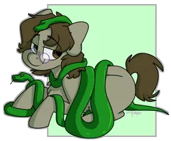 Size: 2244x1846 | Tagged: safe, artist:spoopygander, derpibooru import, oc, oc:dank nugs, unofficial characters only, earth pony, pony, snake, abstract background, bedroom eyes, glasses, male, outline, prone, smiling, stallion