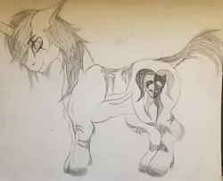 Size: 3413x2765 | Tagged: safe, artist:teardrop, derpibooru import, oc, oc:issac, unofficial characters only, pony, unicorn, cut, male, markings, monochrome, muscles, short tail, solo, stallion, tattoo, traditional art