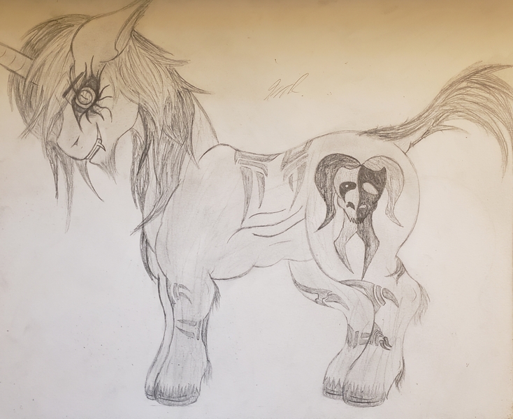 Size: 3246x2655 | Tagged: safe, alternate version, artist:teardrop, derpibooru import, oc, oc:issac, unofficial characters only, pony, unicorn, corrupted, cut, male, markings, monochrome, short tail, solo, stallion, tattoo, traditional art