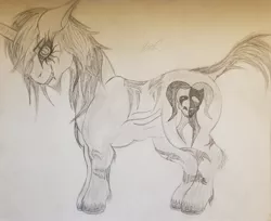 Size: 3246x2655 | Tagged: safe, alternate version, artist:teardrop, derpibooru import, oc, oc:issac, unofficial characters only, pony, unicorn, corrupted, cut, male, markings, monochrome, short tail, solo, stallion, tattoo, traditional art