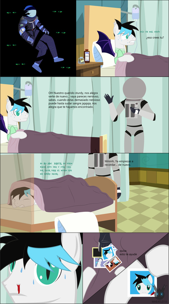 Size: 2934x5251 | Tagged: safe, artist:wheatley r.h., derpibooru import, oc, oc:sturdy diablo, unofficial characters only, bat pony, human, comic:sturdy oddity, astronaut, bat pony oc, bat wings, bed, blood, cosmonaut, crack, curtains, ear tufts, eyes closed, eyes in the dark, female, flask, floor, green eyes, hair, hand, hospital bed, humanized, intravenous, killer7, mare, medicine, mercury (element), nosebleed, photo, pillow, room, scared, scary, shocked, shocked expression, shrunken pupils, spacesuit, sweat, tail, translated in the description, two toned mane, two toned tail, under the covers, vector, watermark, wings