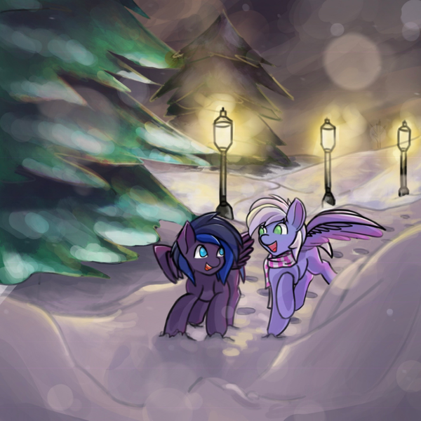 Size: 830x830 | Tagged: safe, artist:emerson-vzn, derpibooru import, oc, oc:holly, oc:nyreen eventide, pegasus, pony, clothes, cloud, lamp, night, scarf, snow, tree, winter