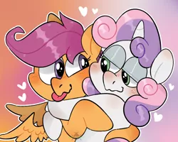 Size: 1280x1024 | Tagged: safe, artist:incubugs, derpibooru import, apple bloom, scootaloo, sweetie belle, pegasus, pony, unicorn, :p, blushing, colored background, cute, cutealoo, cutie mark crusaders, diasweetes, female, filly, heart, hug, lesbian, lidded eyes, looking at each other, love, scootabelle, shipping, silly, smiling, tongue out