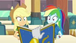 Size: 1280x720 | Tagged: safe, derpibooru import, screencap, applejack, rainbow dash, rarity, a queen of clubs, equestria girls, equestria girls series, book, female, shocked expression, surprised face
