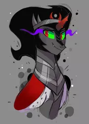 Size: 1355x1874 | Tagged: safe, artist:pinweena30, derpibooru import, king sombra, pony, bust, colored horn, curved horn, dark magic, evil, evil eyes, gray background, horn, looking at you, magic, male, shadow, simple background, solo, sombra eyes, sombra's horn