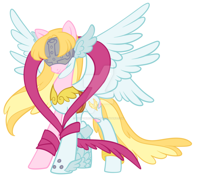 Size: 1024x931 | Tagged: safe, artist:sakuyamon, derpibooru import, ponified, angewomon, pegasus, pony, angel, clothes, covered eyes, digimon, female, hidden eyes, mare, mask, multiple wings, obtrusive watermark, ribbon, simple background, six wings, solo, transparent background, watermark, wings