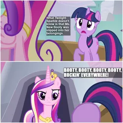 Size: 1000x1000 | Tagged: safe, derpibooru import, edit, edited screencap, screencap, princess cadance, queen chrysalis, twilight sparkle, alicorn, pony, unicorn, friendship is witchcraft, a canterlot wedding, ass up, booty booty booty booty rockin' everywhere, bubba sparxxx, butt, butt shake, caption, comic, duo, face down ass up, female, image macro, mare, ms. new booty, plot, song reference, text