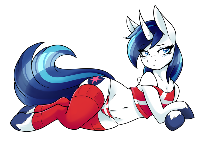 Size: 2737x1909 | Tagged: suggestive, artist:ambris, derpibooru import, edit, shining armor, semi-anthro, unicorn, bedroom eyes, belly button, clothes, denmark, draw me like one of your french girls, female, gleaming shield, leg warmers, lying down, mare, panties, rule 63, simple background, socks, solo, solo female, tanktop, thigh highs, thong, transparent background, underwear, unshorn fetlocks