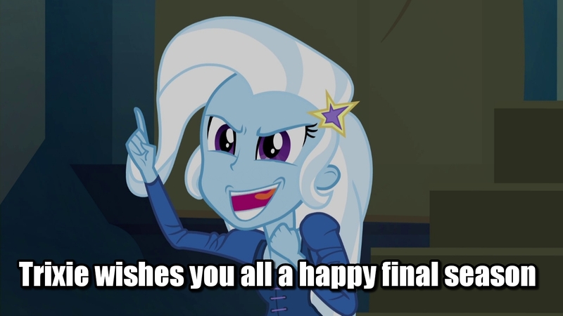 Size: 1440x810 | Tagged: safe, derpibooru import, edit, edited screencap, screencap, trixie, equestria girls, rainbow rocks, caption, g5, good end, image macro, in-universe pegasister, inverted mouth, meme, solo, subverted meme, text, text edit, trixie yells at everything