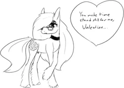 Size: 1528x1080 | Tagged: safe, artist:tempusfidgets, deleted from derpibooru, derpibooru import, oc, oc:tempus fidgets, unofficial characters only, earth pony, pony, collar, holiday, male, monochrome, simple background, solo, valentine's day