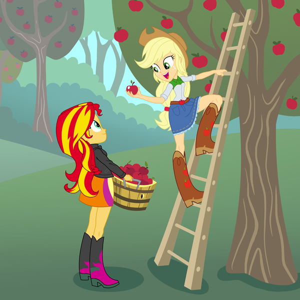 Size: 900x900 | Tagged: safe, artist:sapphiregamgee, derpibooru import, part of a set, applejack, sunset shimmer, equestria girls, apple, apple tree, food, ladder, part of a series, sweet apple acres, tree