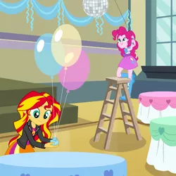 Size: 900x900 | Tagged: safe, artist:sapphiregamgee, derpibooru import, part of a set, pinkie pie, sunset shimmer, human, equestria girls, balloon, canterlot high, disco ball, female, ladder, part of a series, table