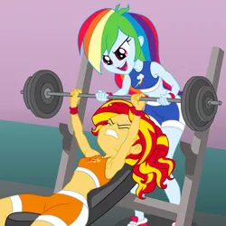 Size: 900x900 | Tagged: safe, artist:sapphiregamgee, derpibooru import, part of a set, rainbow dash, sunset shimmer, equestria girls, armpits, barbell, muscles, part of a series, sunset lifter, sweat, workout