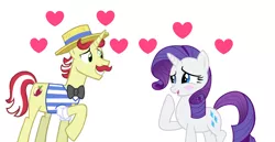 Size: 1366x706 | Tagged: safe, artist:swiftgaiathebrony, derpibooru import, flam, flim, rarity, pony, unicorn, facial hair, female, flim flam brothers, heart, male, moustache, rariflam, shipping, straight