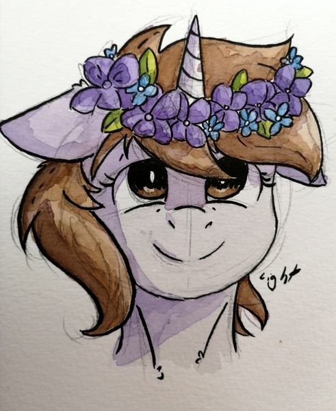 Size: 1805x2206 | Tagged: safe, artist:lightisanasshole, derpibooru import, oc, oc:dorm pony, unofficial characters only, pony, unicorn, brown eyes, brown mane, bust, floppy ears, floral head wreath, flower, flower in hair, painting, portrait, solo, traditional art, watercolor painting