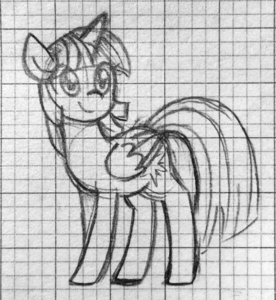 Size: 1280x1391 | Tagged: safe, artist:ch-chau, derpibooru import, twilight sparkle, twilight sparkle (alicorn), alicorn, pony, cute, female, graph paper, grayscale, mare, monochrome, pencil drawing, profile, sideways glance, sketch, smiling, solo, standing, traditional art, twiabetes