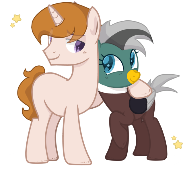 Size: 3333x3136 | Tagged: artist needed, safe, derpibooru import, oc, oc:duk, oc:white shield, duck, duck pony, pegasus, pony, unicorn, female, hug, male, mare, smiling, stallion