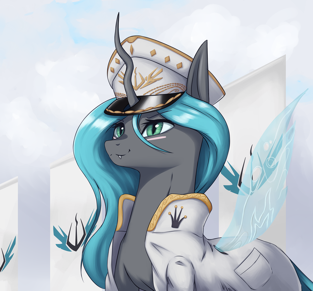 Size: 1950x1814 | Tagged: safe, artist:mrscroup, derpibooru import, queen chrysalis, changeling, changeling queen, equestria at war mod, cap, clothes, commander, cute, cutealis, female, hat, smiling, solo