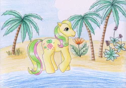 Size: 1280x903 | Tagged: artist:normaleeinsane, beach, cloud, derpibooru import, flower, g1, ocean, palm tree, safe, solo, tootie tails, traditional art, tree, tropical ponies, water